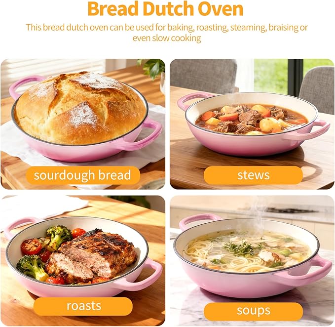ONKO Dutch Oven For Sourdough Bread Baking, 6QT Enameled Cast Iron Dutch Oven Pot With Lid, Non-stick Sourdough Baking Pan with Bread Dome, Round Ceramic Dutch Ovens Pot with Cloche for Homemade
