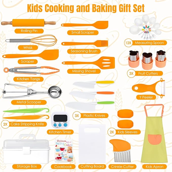 Kids Cooking Sets Real, Kids Cooking and Baking Gift Set with Storage Case Timer Kid Safe Knives Cutting Board, Toddler Real Kitchen Accessories, Birthday Gifts for Girls Boys Age 3 - 8