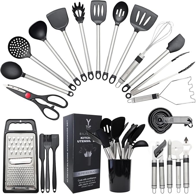 Silicone Kitchen Utensils Set 33 PCS silicone utensils set for cooking with Stainless Handles - Heat Resistant Food Grade Utensil Sets, BPA Free Kitchen Gadgets Tools Set for Nonstick Cookware (Black)
