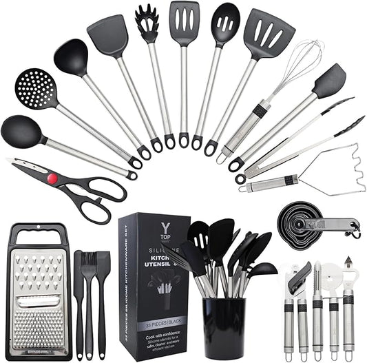 Silicone Kitchen Utensils Set 33 PCS silicone utensils set for cooking with Stainless Handles - Heat Resistant Food Grade Utensil Sets, BPA Free Kitchen Gadgets Tools Set for Nonstick Cookware (Black)