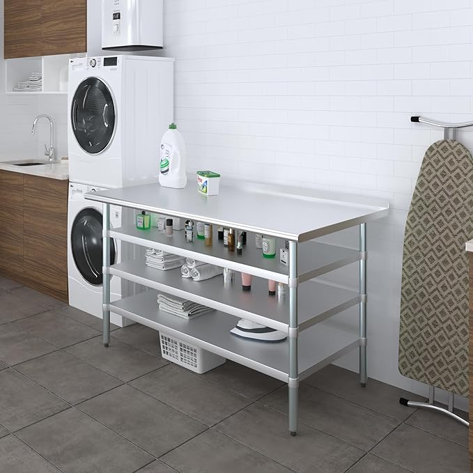 AmGood Stainless Steel Work Table with 1.5" Backsplash and 3 Shelves | Metal Kitchen Food Prep Table | NSF (60" Long x 30" Deep)