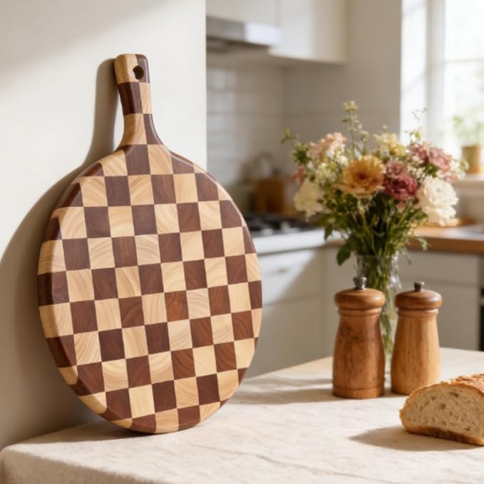 Checkered Round Cutting Board with Handle for Kitchen Decor, 17"L x 13"W x 1" Thick – Wooden Chopping, Cheese & Charcuterie Board in Acacia Wood, Decorative Serving Platter for Meat, Bread & Pizza
