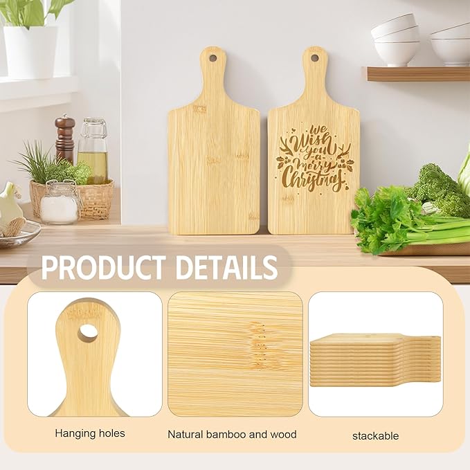 30 Pcs Cutting Boards with Handle 11" x 5" Wood Chopping Board Bulk Charcuterie Wooden Boards Laser Engraving Serving Tray Bulk for DIY Christmas Wedding Housewarming Gift Cooking Decor (Bamboo)