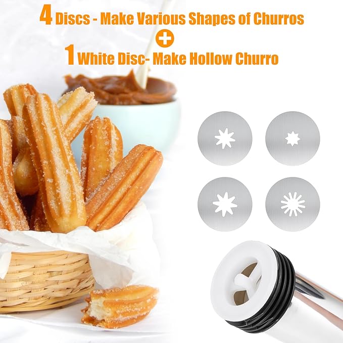 Churro Maker Machine, Stainless Steel Churros Gun Kit, 3-in-1 Multifunctional Cookie Press Hollow Churro with Piping Bag, 7 Piping Nozzles, 9 Cookie Discs & 2 Brushes, Easy to Clean