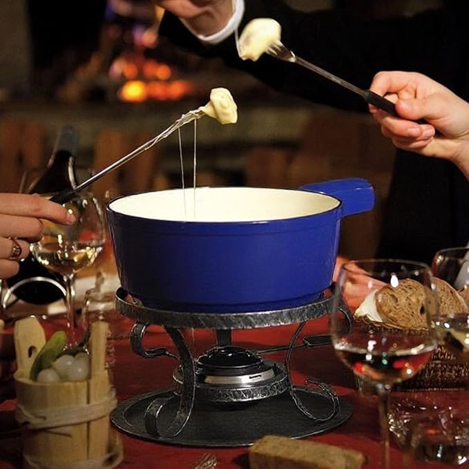 Artestia Cast Iron Fondue Pot Set for Cheese & Chocolate, Fondue Set for 6 with Burner & 6 Forks, Swiss Fondue Pot for Party, Family & Gift, Blue