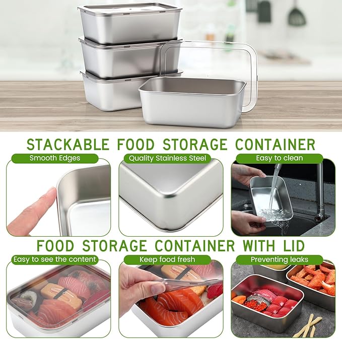 12 Pcs Stainless Steel Food Storage Containers with Lids, 37 oz Metal Lunch Bento Box, Lightweight Stackable Easy Open Meal Prep Container for Kitchen Picnic, Freezer & Dishwasher Safe