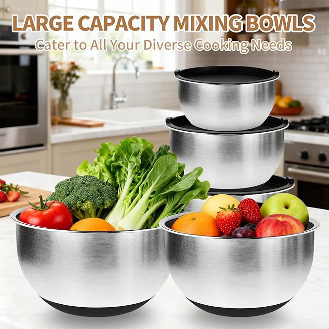 Deedro Premium Mixing Bowls with Airtight Lids Set, 22Pcs Thicker Stainless Steel Mixing Bowl Set, Large Prep Metal Bowls, Non-Slip Silicone Base Nesting Bowls for Kitchen, 1.5/2/3/4/5 QT, Black