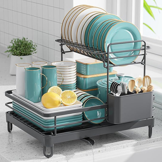 Dish Drying Rack - X-Large Stainless Steel Dish Rack for Kitchen Counter, 2-Tier Kitchen Organizers and Storage for Dishes, Bowls, Cutlery, Gray