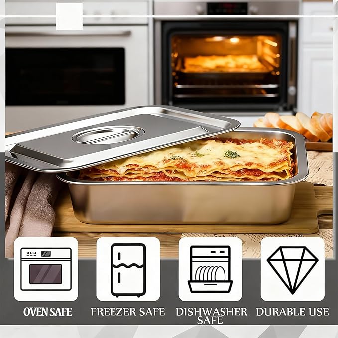 4 Inch Deep Lasagna Pan with Lid, 2 Pack 7.4QT Stainless Steel Baking Pan with Lid, Roasting Pans with Lid, Rectangle Baking Sheet for Oven
