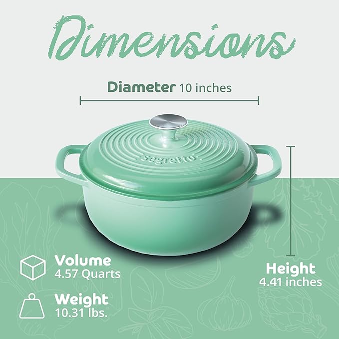 Segretto Cookware Enameled Cast Iron Dutch Oven with Handle, 4.57 Quarts, Verde Chiaro (Gradient Green) Oven Safe Dutch Oven Pot With Lid Ceramic Enamel Cast Iron Pot Cookware | Bread Oven