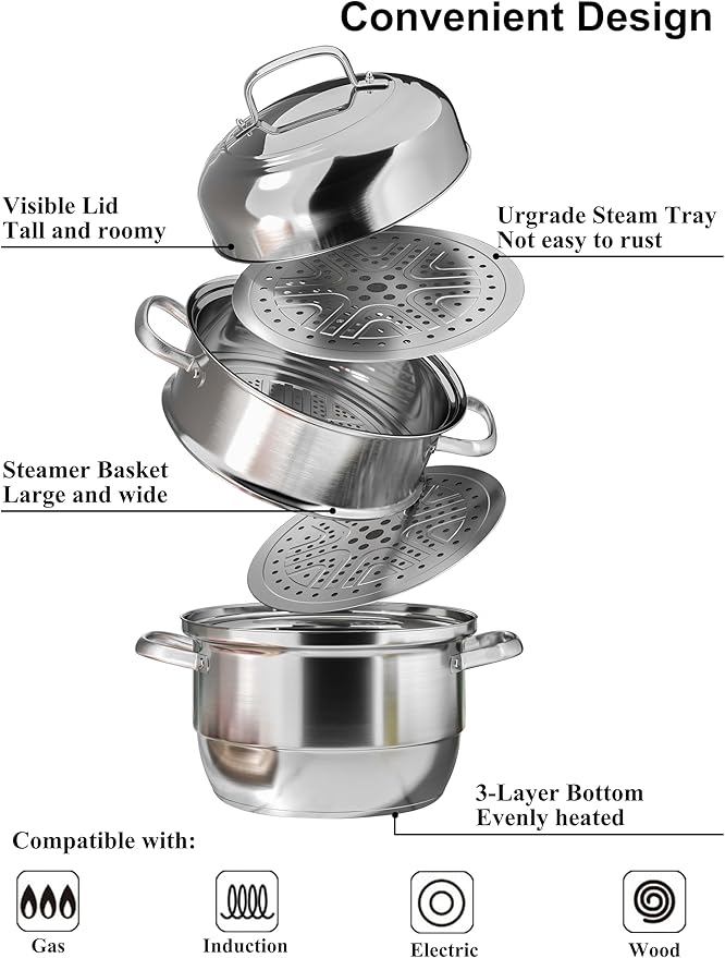 VENTION 3 tier Steamer Pot Stainless Steel Large 30cm, Induction Steamer for Cooking, 11.9 Inch Steam Pot for Dumpling