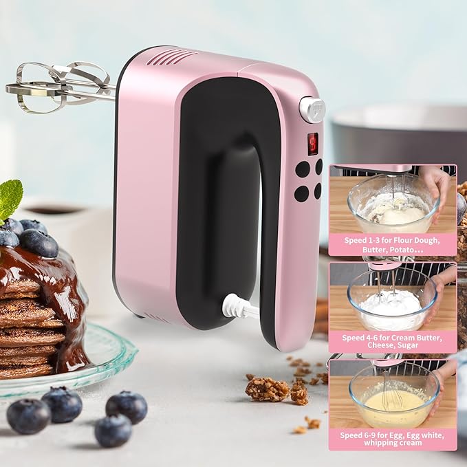 9-Speed Digital Hand Mixer Electric, 400W Powerful DC Motor, Hand Mixer Electric Handheld with Snap-On Storage Case, 5 Stainless Steel Accessories, Beaters, Dough Hooks, Whisk(Rose Gold)