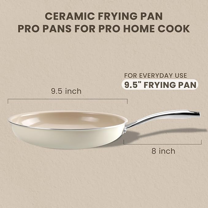 Kikcoin Non Stick Ceramic Frying Pans Skillet, 9.5-inch Healthy Non Toxic Cookware Egg Cooking Pan with Stay Cool Handle, PFAS & PTFE & PFOA Free, Dishwasher & Oven Safe