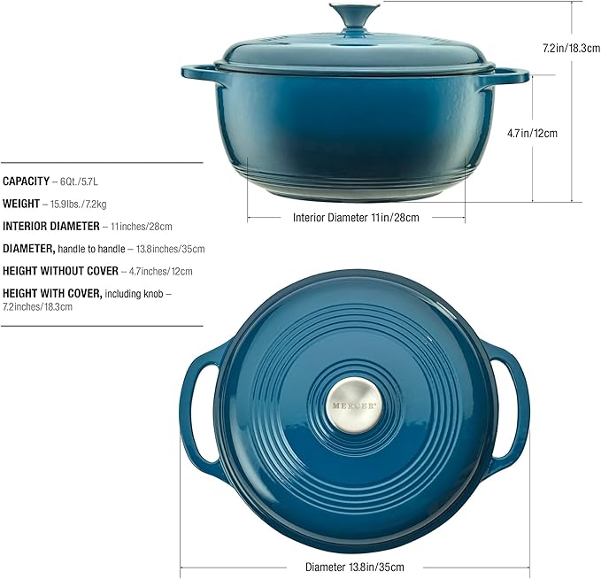 Mercer Culinary Enameled Cast Iron Round Dutch Oven, 6 qt., Turquoise