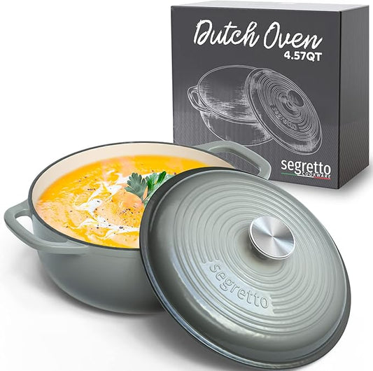 Segretto Cookware Enameled Cast Iron Dutch Oven Pot with Lid 4.57 Quarts, Grigio Scuro (Gradient Gray) Ceramic Dutch Oven Cast Iron Enameled Cookware with Handle Cooking Pot for Bread Baking, Cooking