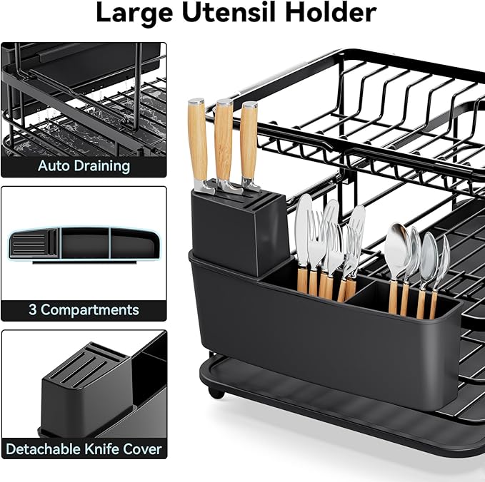 2 Tier Dish Drying Rack, Expandable Two Tier Dish Rack for Kitchen Counter, Extendable Over The Sink Dish Drainer, Large Multifunctional Dish Strainer with Removable Top Shelf for in Sink Use, Black