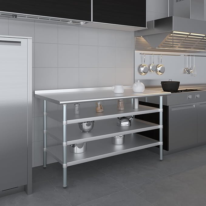 AmGood Stainless Steel Work Table with 1.5" Backsplash and 3 Shelves | Metal Kitchen Food Prep Table | NSF (60" Long x 30" Deep)