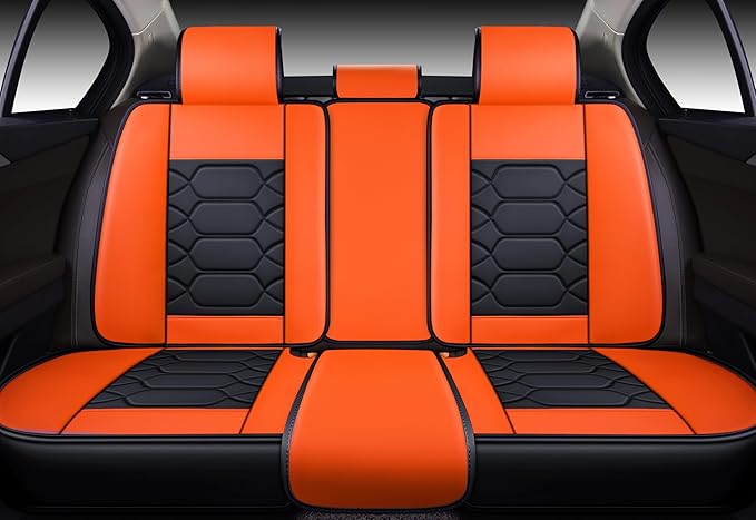 OASIS AUTO Car Seat Covers Full Set, Sporty Faux Leather with Honeycomb Pattern, Waterproof Universal Fit for SUV, Sedan, Pick-up Truck, Automotive Interior Accessories (OS-004 Black&Orange)