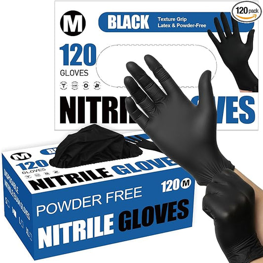 Fixwal Gloves for Cooking Food Prep, Black Disposable Nitrile Gloves, 4 Mil, 120 Count, Cleaning Service Gloves, Latex Free, Powder Free
