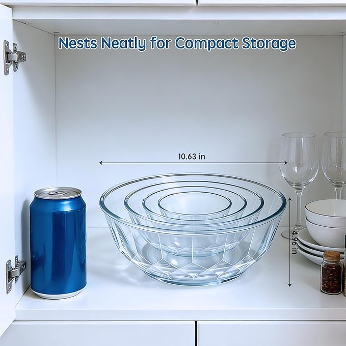 Thick Glass Mixing Bowls with Airtight Lids Set, 5-Piece Nesting Bowls for Baking & Meal Prep, BPA Free, Dishwasher Safe, 0.5/0.8/1.6/2.7/4.4 Quart - Blue