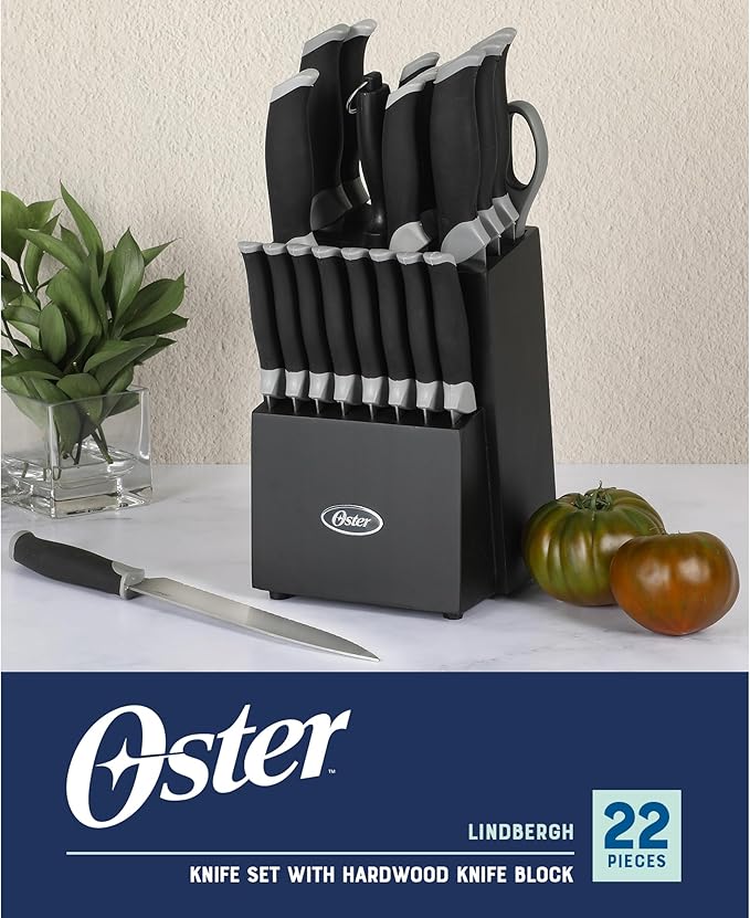 Oster Lindbergh 22 Piece High Carbon Stainless Steel Cutlery Kitchen Knife Block Set w/Black Knife Block - Black Handle - Cuchillos Para Cocina