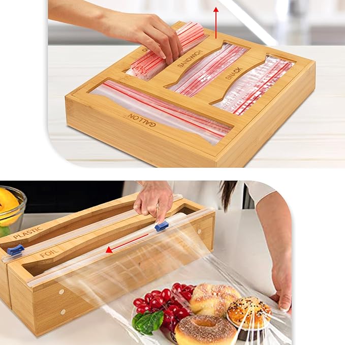 6-in-1 Magnetic Bamboo Drawer Organizer for Kitchen or Fridge, Adjustable Compartment Storage with Foil and Plastic Wrap Dispenser and Cutter – Fits Gallon, Quart, Sandwich, Snack Bags