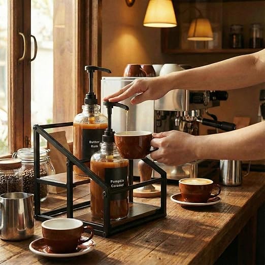 Coffee Bar Accessories, 4 Pack 16.9oz/500ml Coffee Syrup Dispenser with 1/4oz Pump, 2-tier Syrup Rack Organizer, Labels, Straw Brushes, Funnels for Kitchen Countertop, Wine, Dressing Storage
