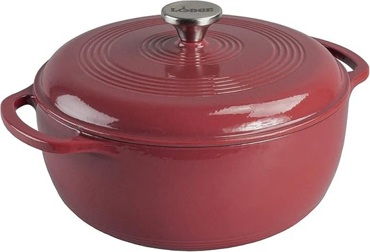 Lodge Essential Enamel Cast Iron Dutch Oven - Perfect for Bread Baking, Braising, Marinating & Slow Cooking - Features Moisture-Sealing Lid & Dual Handles - Kitchen Essentials - 6 Quarts - Cranberry