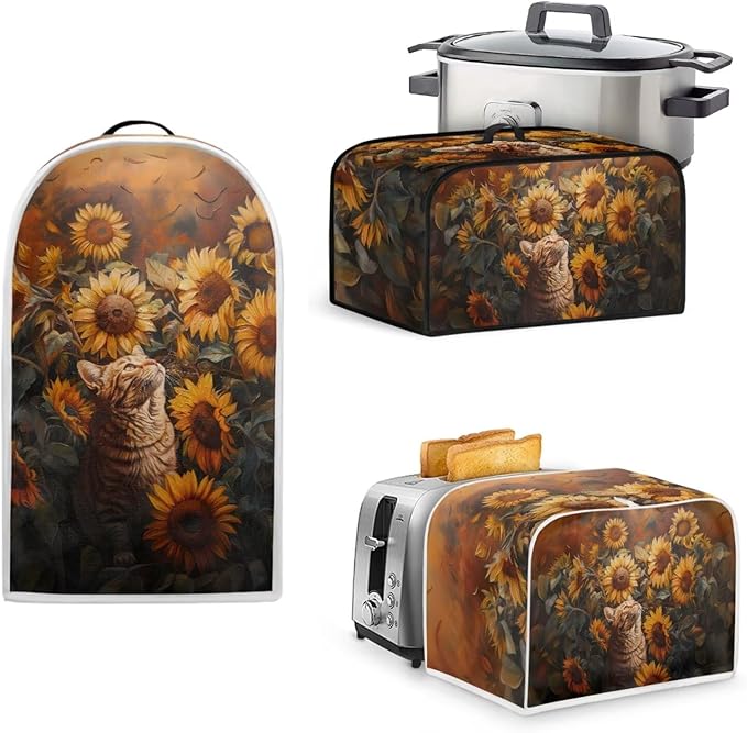 Sunflower Cat 4 Slice Toaster Cover,Bread Toaster Oven Dust Cover Kitchen Bakeware Protector Blender Cover Slow Cooker Cover Anti Fingerprint Kitchen Decorations (Orange)