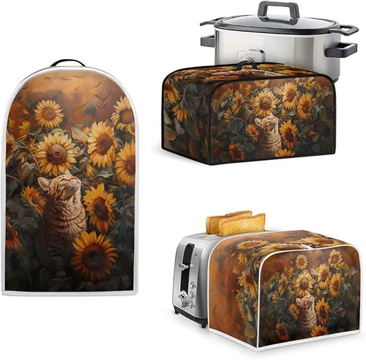 Sunflower Cat 4 Slice Toaster Cover,Bread Toaster Oven Dust Cover Kitchen Bakeware Protector Blender Cover Slow Cooker Cover Anti Fingerprint Kitchen Decorations (Orange)