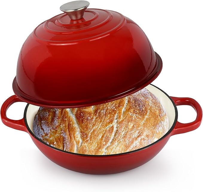 6QT Bread Dutch Oven Pot with Lid, Enameled Cast Iron Dutch Oven for Sourdough Bread Baking, Roasting, Stewing and Soup, Non-Stick Enamel Cookware for Oven/Stovetop, Perfect for Homemade Bread, Red