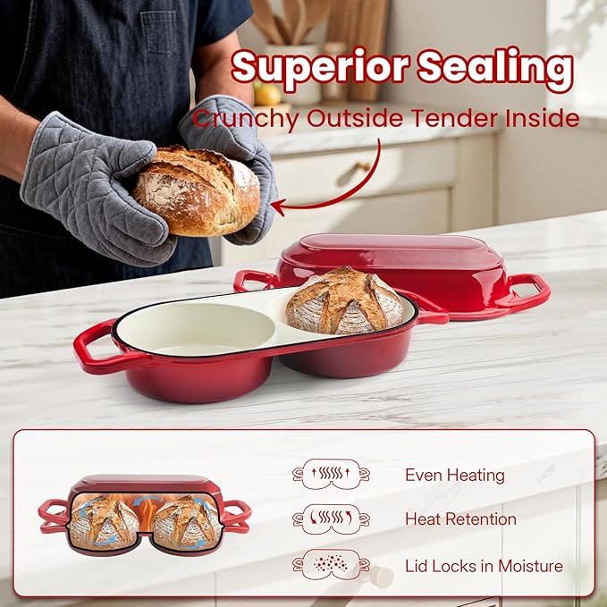 YONILL Mini Double Dutch Oven for Sourdough Bread Baking - Enameled Cast Iron Dutch Oven Pot with Lid and 5" Banneton Bread Proofing Basket Kit, Dual Round Bread Loaf Pan for Homemade Baking (Red)