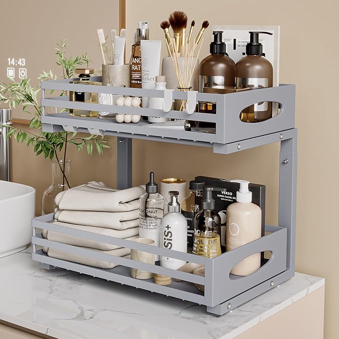 Under Sink Organizer, 2 Tier Under Sink Organizers and Storage, Adjustable Height, Slide out Metal Cabinet Organizers, Pull out Cabinet Storage Drawer Shelf for Kitchen Bathroom (Gray, 2Pack)