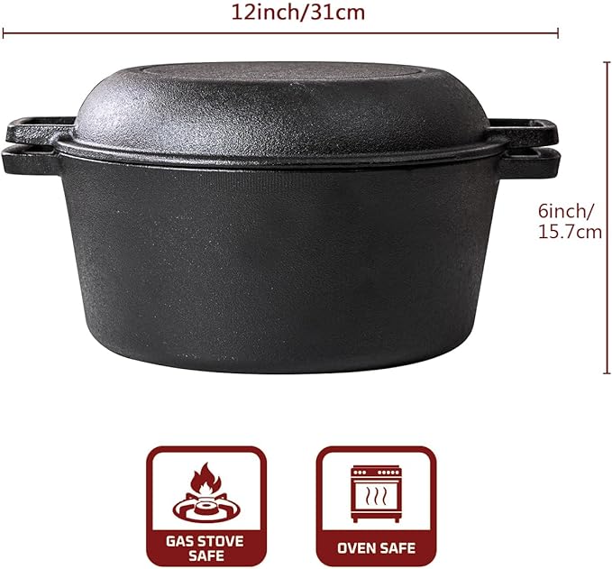 Cast Iron Pot with Lid, 10 Inch Dutch Oven Pot with Lid & Skillet Lid, 2-in-1 Pot & Pan Set for Bread Baking, Camping, Frying & Outdoor Cooking