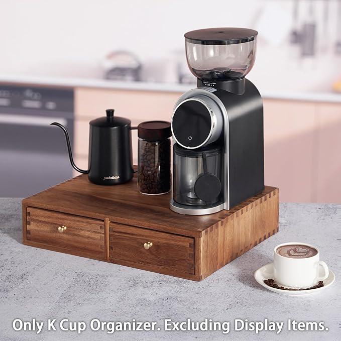 Acacia Wood K Cup Organizer Drawer, Coffee Pod and Tea Storage Box with Non-Slip Pad, 30 Pod Capacity Under Brewer, Countertop Coffee Station Holder for Machine Stand