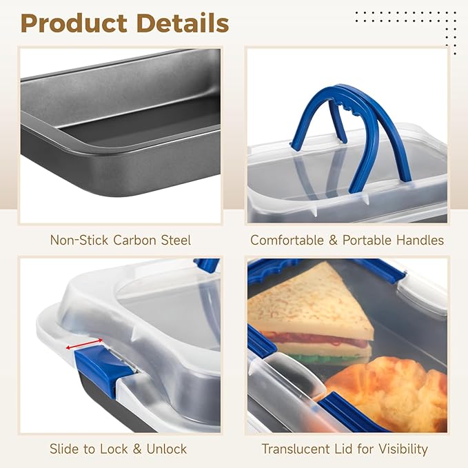 2 PCS Cake Baking Pan 9x13 with Lid & Handle, Nonstick Carbon Steel Baking Tray with Silicone Brush Scraper Spatula, Rectangular Sheet Pan for Cookies Brownie, Roasting Cooking