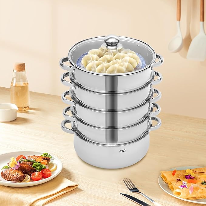 5-Layer Stainless Steel Steamer, 28CM Commercial Food-Grade Steamer Cookware Steaming Pot Tool w/Glass Lid Foods Steamers for Induction Cookers, Electric Ceramic Stoves, Gas Stoves (Silver, 28CM)