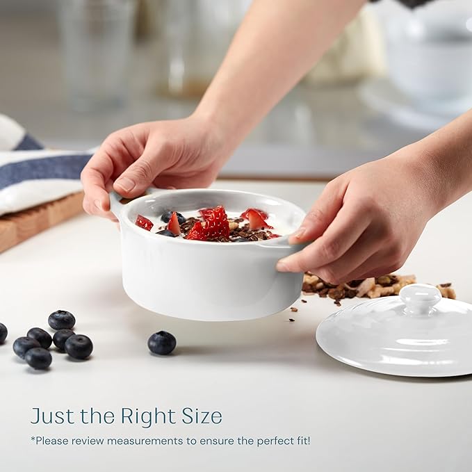 Kook Ceramic Mini Cocotte Set, Small Casserole Dishes with Lids and Handles, Individual Baking Ramekins, Oven safe 500F, Microwave & Dishwasher Safe, Stoneware, 12 oz, Set of 4, (Swiss White)