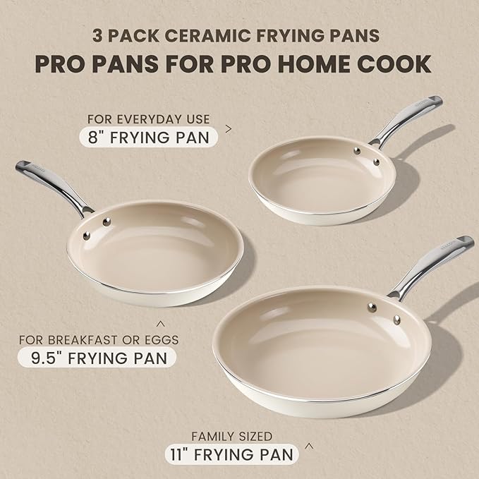 Kikcoin Ceramic Nonstick Frying Pans Set, Healthy Non Toix Pans for Cooking, 8" 9.5" 11" Ceramic Frying Pans and Skillet with Stay Cool Handle, Dishwasher/Oven Safe, PFAS & PTFE & PFOA Free