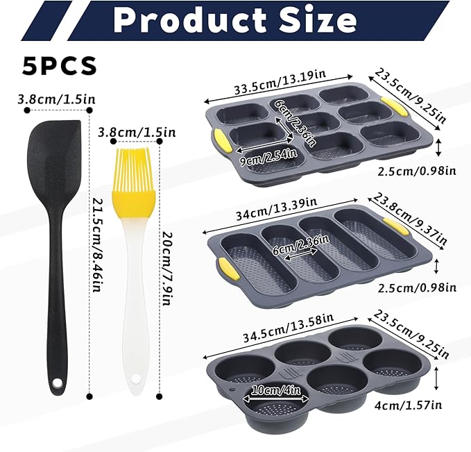 Set of 5 Silicone Hamburger Bun Mold, 4/6/9 Cup Silicone Hotdog Bun Pan with Spatula Brush, Mini Baguette Pans Bread Baking Pan for Homemade Hamburger Buns