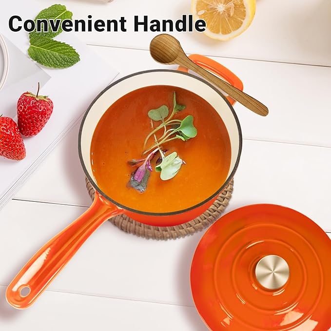Enameled Cast Iron Sauce Pan, 2 Quarts Round Sauce Pot with Lid, Mini Dutch Oven Enamel Saucepan for Cooking Pasta Sauce, Marinate, Cook, Refrigerate and Serve, Flame Orange