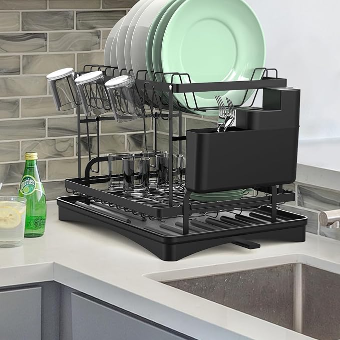 NEATEST Dish Drying Rack, 2-Tier Dish Rack for Kitchen Counter with Auto Draining Tray Kitchen Organizers and Storage with Cutlery Holder for Dish/Knifes/Cup/Cutting Board Dish Drainer