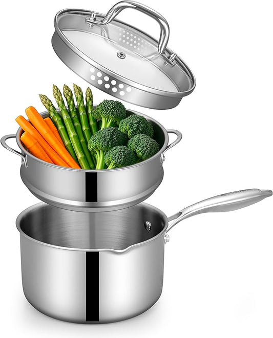 Tri-Ply Stainless Steel Sauce Pan with Steamer Basket & Strainer Glass Lid–Multi-Function Pot 2.5 QT- Modern Sleek Design–Safe,Chemical-Free& Stylish Cookware–Upgrade Your Kitchen with Healthy Cooking