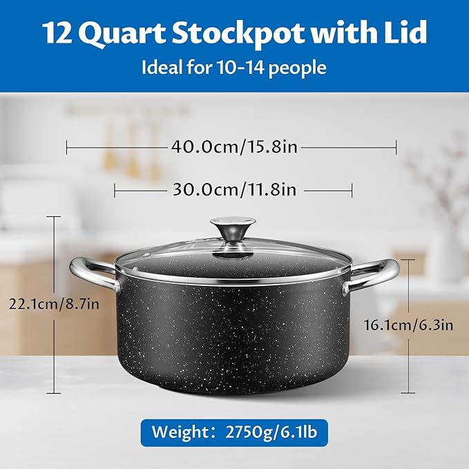 BEZIA Large 12 Quart Nonstick Stock Pot with Lid, Induction Cooking Pot Soup Pot, Non-toxic and Oven Safe, Perfect for Stews, Soups and All Stovetops, PFOA PFAS Free