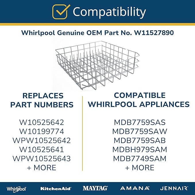 Whirlpool W11527890 OEM Dishwasher Lower Dishrack Assembly, White