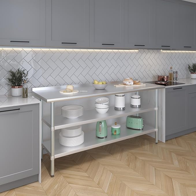 AmGood Stainless Steel Work Table with 1.5" Backsplash and 2 Shelves | Metal Kitchen Food Prep Table | NSF (72" Long x 24" Deep)