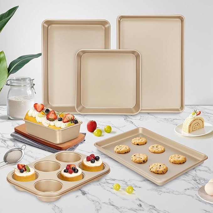 Baking Pans Set, Nonstick Stackable Bakeware Sets, Oven Pans for Cooking, AIVIKI 6 Pieces Baking Sheets Set Including Cookie Sheet, Deep Roaster Pan, Square Pan, Loaf Pan, Muffin Pan, Carbon Steel