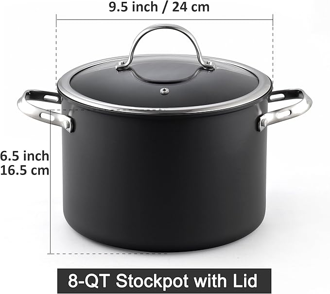Cooks Standard Stockpot Dutch Oven Casserole with Glass Lid, 8-Quart Classic Hard Anodized Nonstick Soup Pot, Black