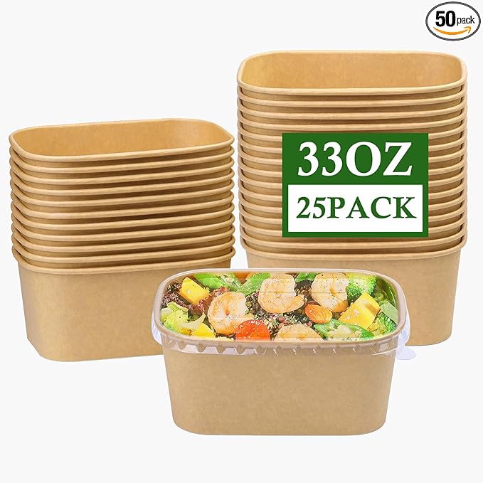 25 Pack 33 oz Paper Bowls, Disposable Food Containers with Lids, Rectangular Disposable Bowls with Lids, Disposable Salad Bowls for Diet Salad, Ice Cream, Yogurt, Party Food