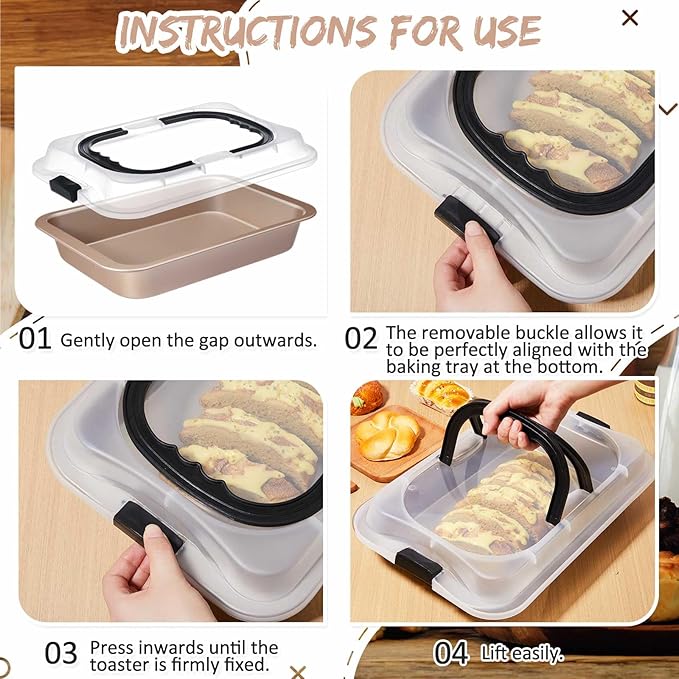 Qinyoung 2 Pcs Cake Baking Pan with Lid and Handle, 9 x 13 Inch Non-stick Rectangle Sheet Cake Pan Carrier for Brownie Roasting Cooking Baking (Gold)